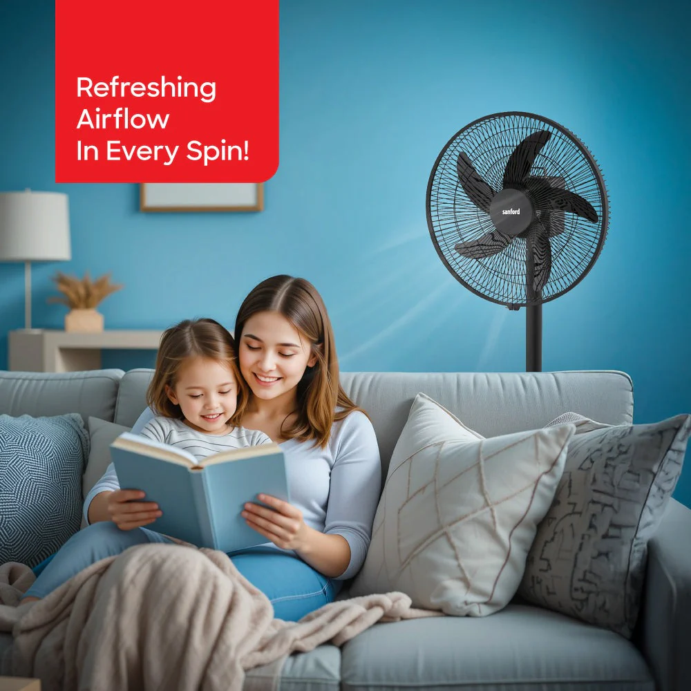 Sanford 16” Rechargeable Stand Fan – 5-in-1 Multi-Functional Tower Fan with LED Light, 5 Speeds, 45H Runtime, USB Charging & Oscillation | AC/DC Use - Image 2