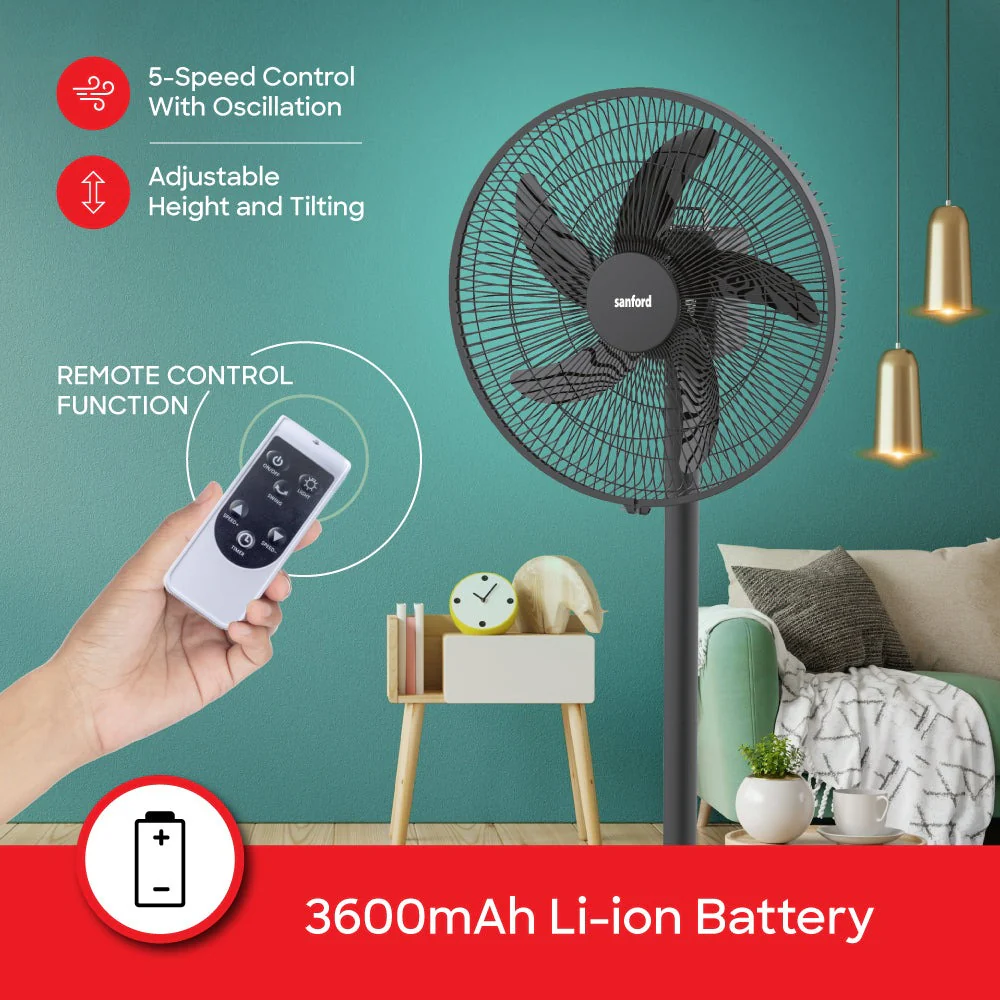 Sanford 16” Rechargeable Stand Fan – 5-in-1 Multi-Functional Tower Fan with LED Light, 5 Speeds, 45H Runtime, USB Charging & Oscillation | AC/DC Use - Image 4