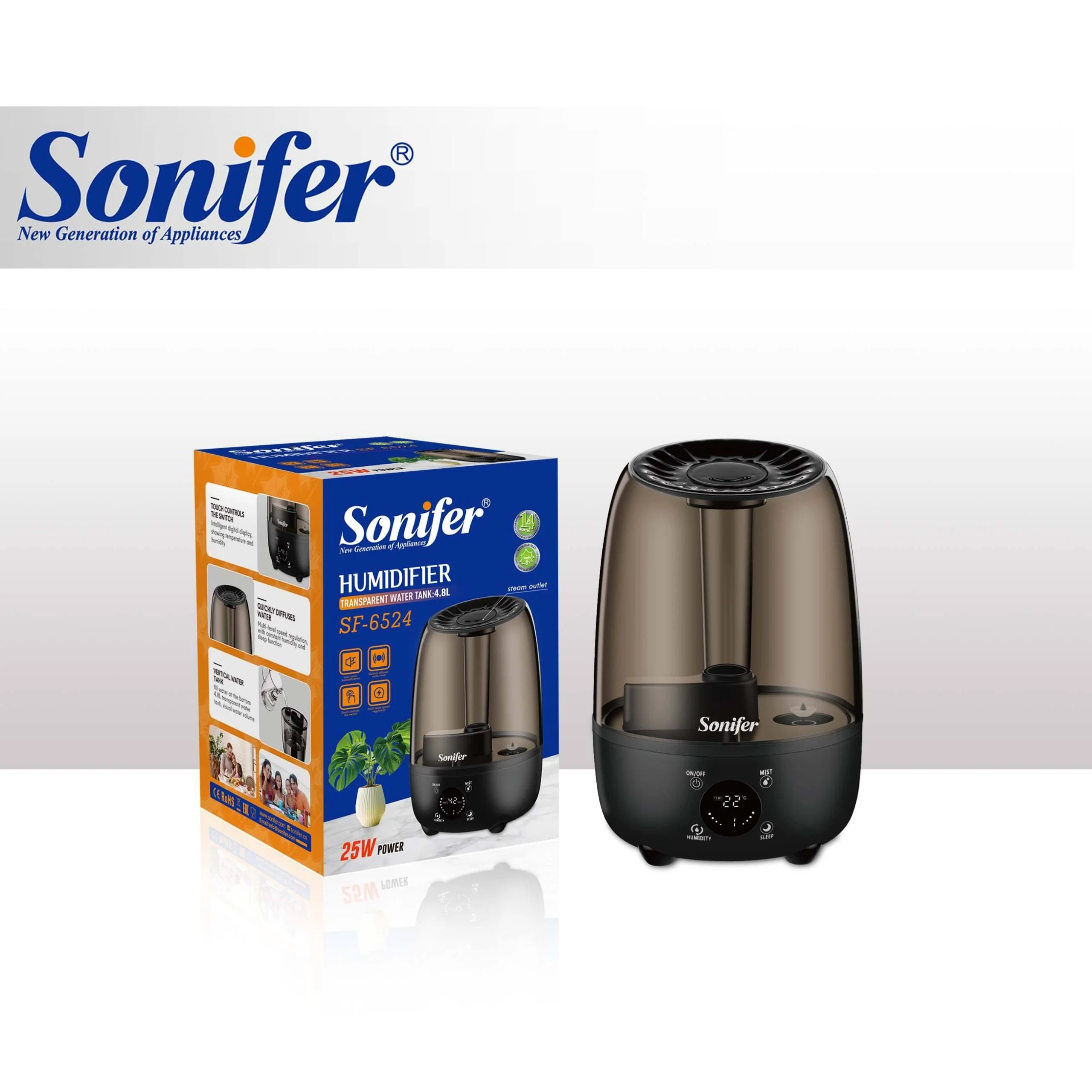 Sonifer 4.8L Low Noise 25W Humidifier Intelligent Digital Display Home Bedroom Spray Cool Mist Nebulization Air Humidifier - Image 2