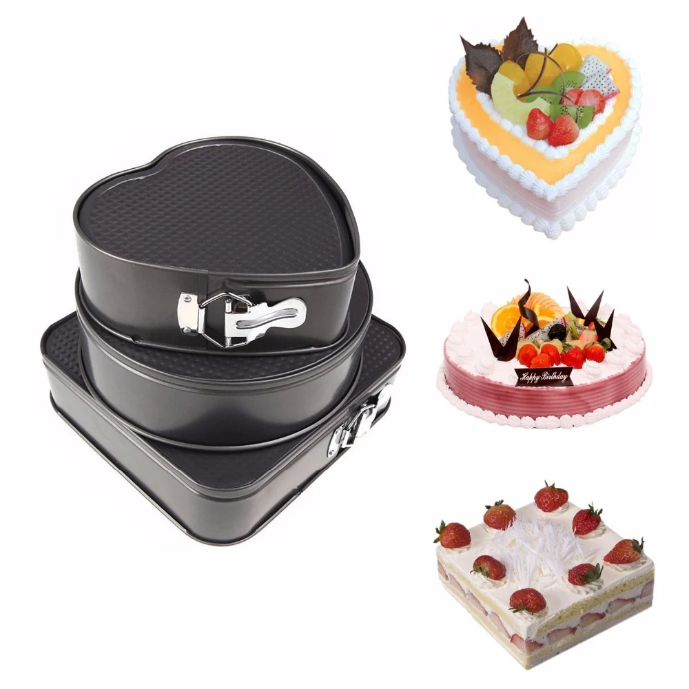 Springform Pan Set 3 Pieces | Heart, Round & Square Non-Stick Cheesecake Baking Cake Pans - Image 3