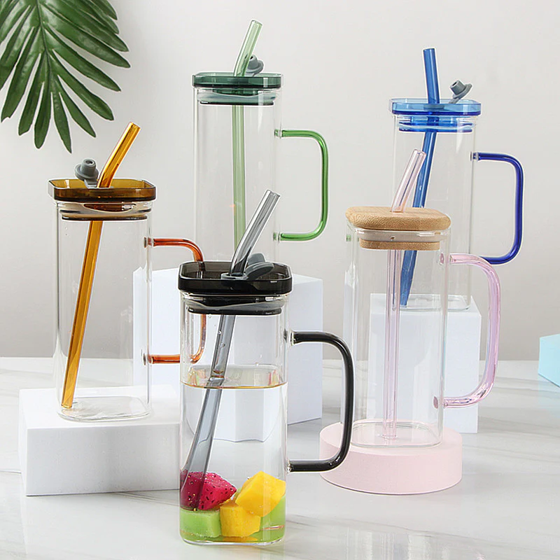 Square Glass cups with lids,straws and Handle - Image 2