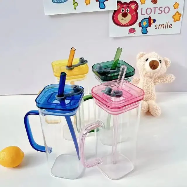 Square Glass cups with lids,straws and Handle - Image 3