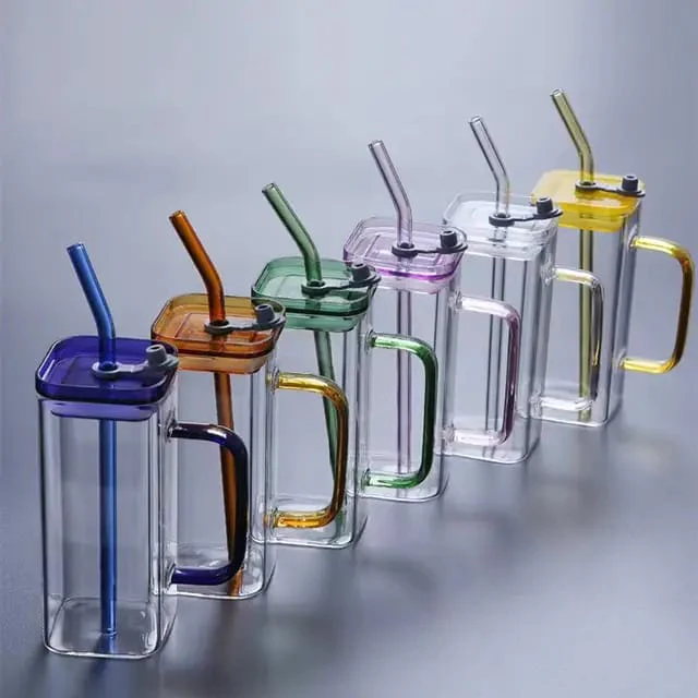 Square Glass cups with lids,straws and Handle - Image 5