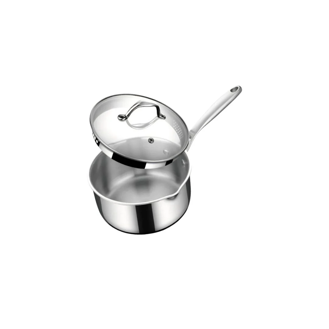Stahl Artisan Triply Stainless Steel Saucepan with Dual Strainer Glass Lid | Easy Pour | Gas & Induction Friendly (16cm/1.5L) - Image 2