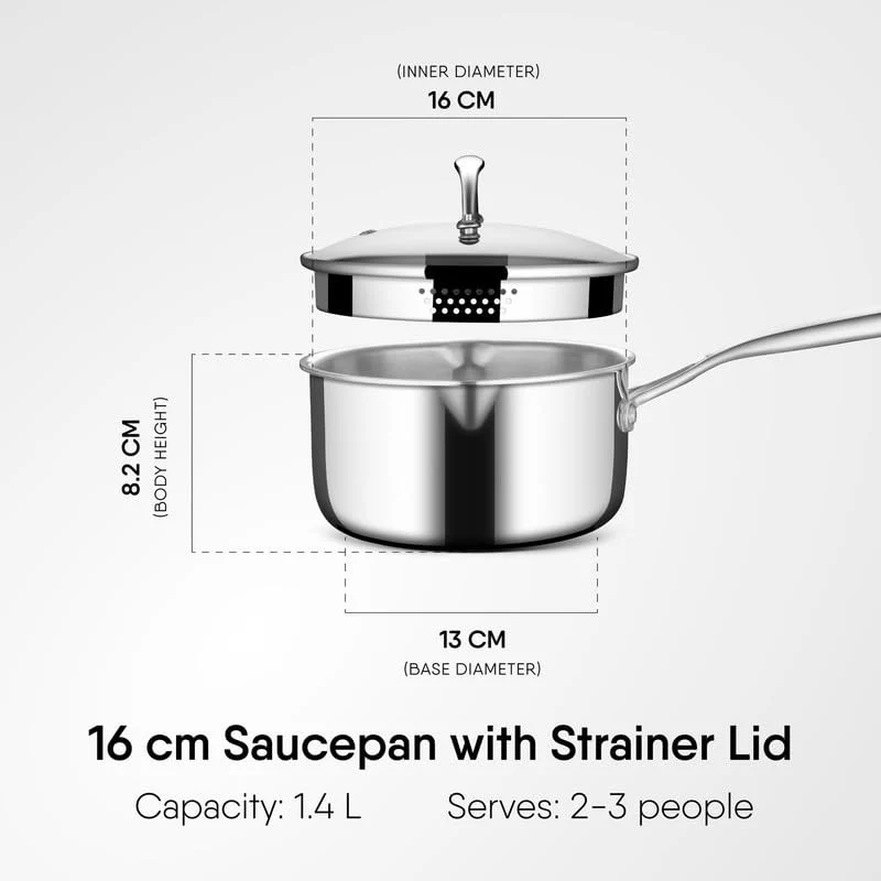 Stahl Artisan Triply Stainless Steel Saucepan with Dual Strainer Glass Lid | Easy Pour | Gas & Induction Friendly (16cm/1.5L) - Image 5