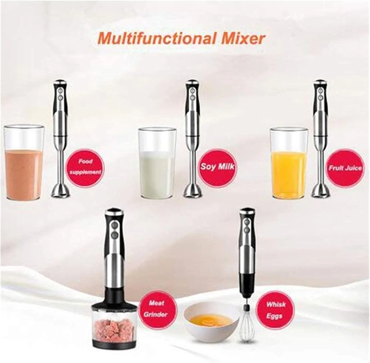 Stainless Steel 4-in-1 Multi-function Immersion Hand Blender, Stick Blender with Chopping Bowl, Milk Frother, Egg Whisk, Beaker for Food/Smoothies/Soups, BPA-Free - Image 4