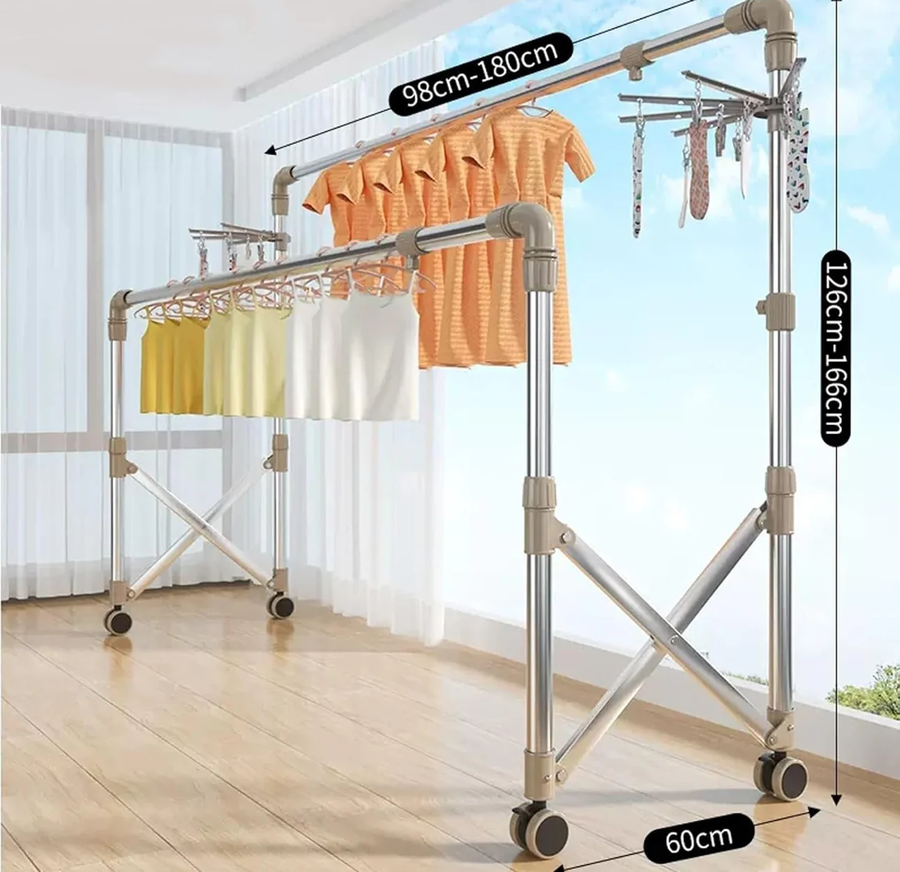 Stainless Steel Laundry Drying Rack With Castors, Extendable Clothing Dryer Rack, Foldable Portable Space Saving Clothes Drying Rack,，With Sock Tray Holder，Double Pole Drying Rack - Image 3
