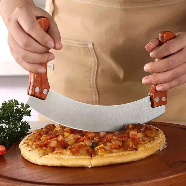 Stainless steel pizza cutter with wooden grip handle - Image 2