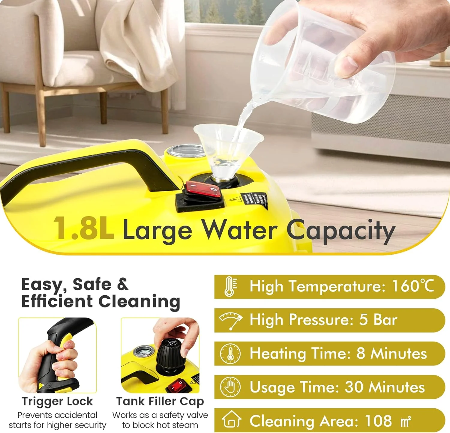 Steam Cleaner, 1800W Handheld Floor Steamer Cleaning Mop with Universal Wheel, 1.8L Tank, Professional-Grade Steamer for Cleaning Floors, Mattresses and Cars (Yellow) - Image 2