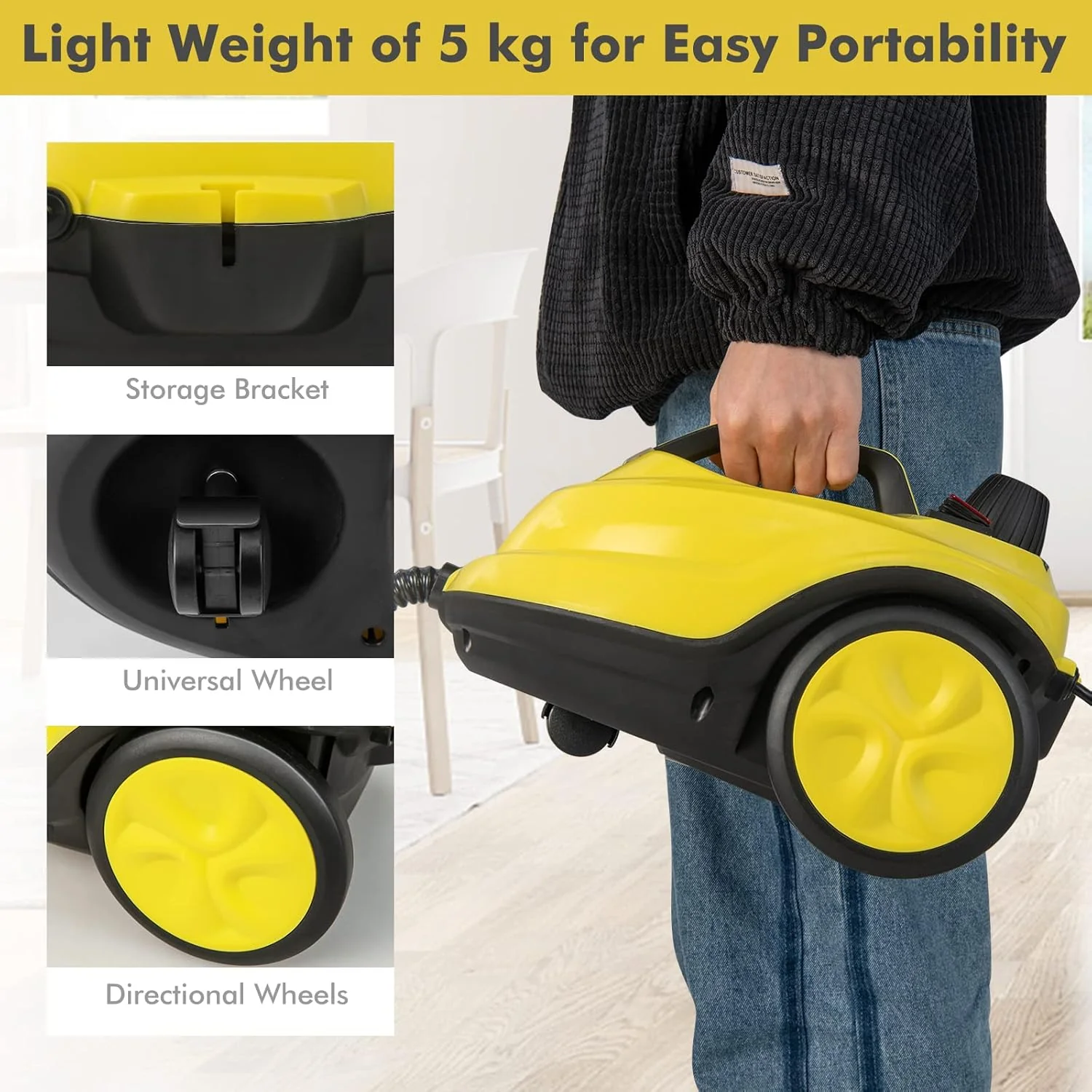 Steam Cleaner, 1800W Handheld Floor Steamer Cleaning Mop with Universal Wheel, 1.8L Tank, Professional-Grade Steamer for Cleaning Floors, Mattresses and Cars (Yellow) - Image 3