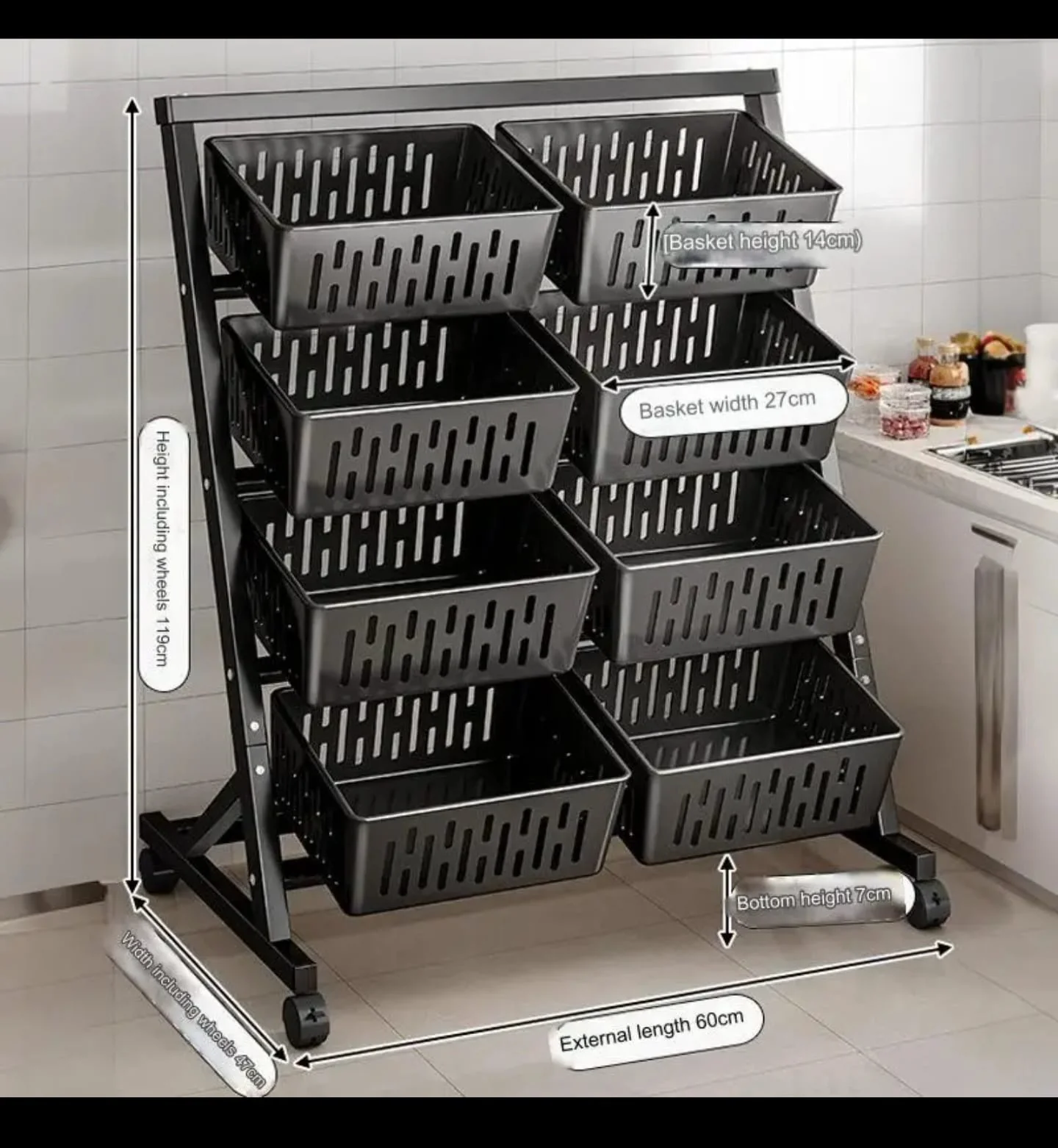 4 Layer Multi-Functional Steel Kitchen Vegetable & Fruit Rack with Lockable Wheels – Durable, Stackable Storage for Home Organization - Image 3