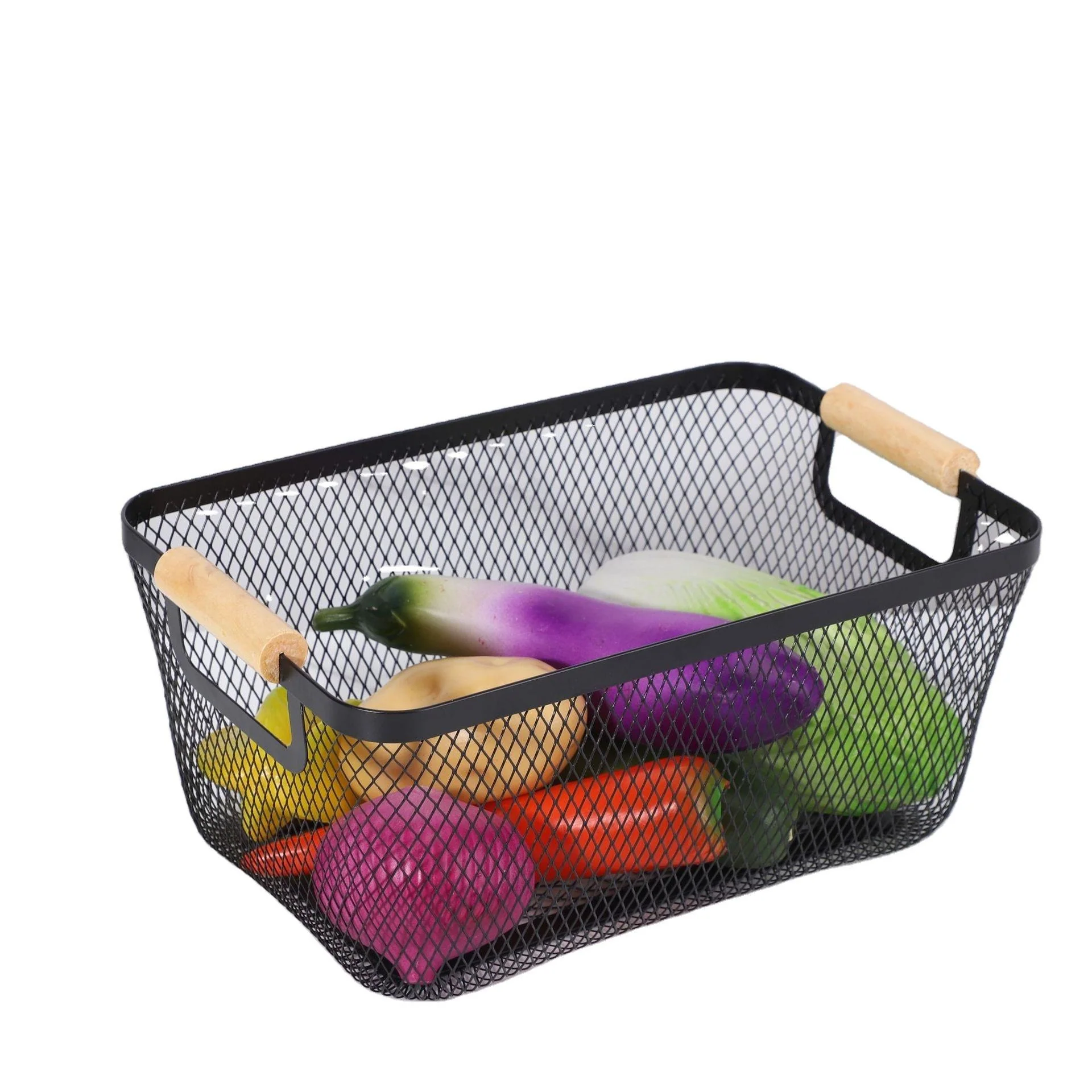 1 Pcs Steel Mesh Storage Organizer Basket, Multifunctional Metal Wire Hanging Kitchen Baskets, Fruit Basket with Wooden Handle, Ideal for Kitchen, Bathroom, Pantry, Cabinet, Home - Image 2