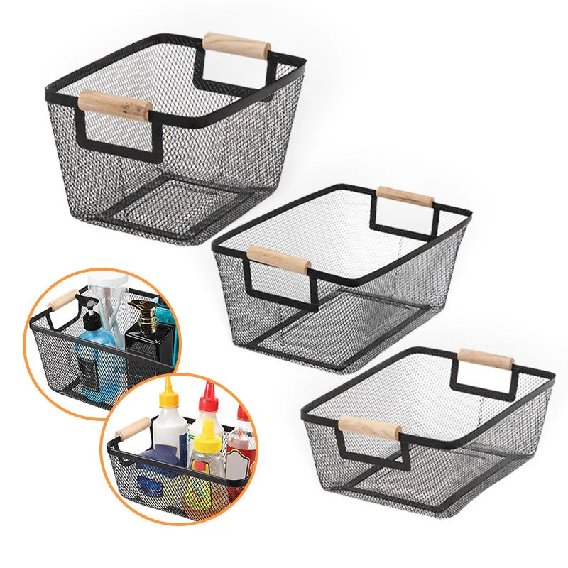 1 Pcs Steel Mesh Storage Organizer Basket, Multifunctional Metal Wire Hanging Kitchen Baskets, Fruit Basket with Wooden Handle, Ideal for Kitchen, Bathroom, Pantry, Cabinet, Home - Image 3