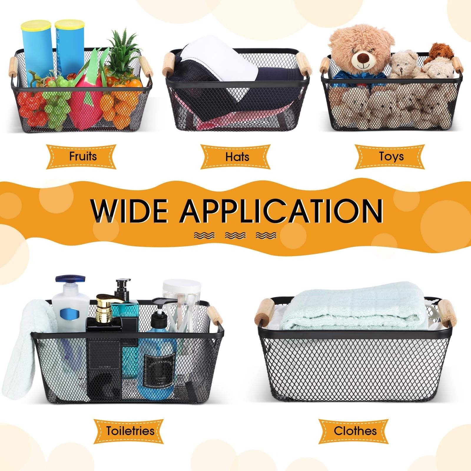 1 Pcs Steel Mesh Storage Organizer Basket, Multifunctional Metal Wire Hanging Kitchen Baskets, Fruit Basket with Wooden Handle, Ideal for Kitchen, Bathroom, Pantry, Cabinet, Home - Image 4