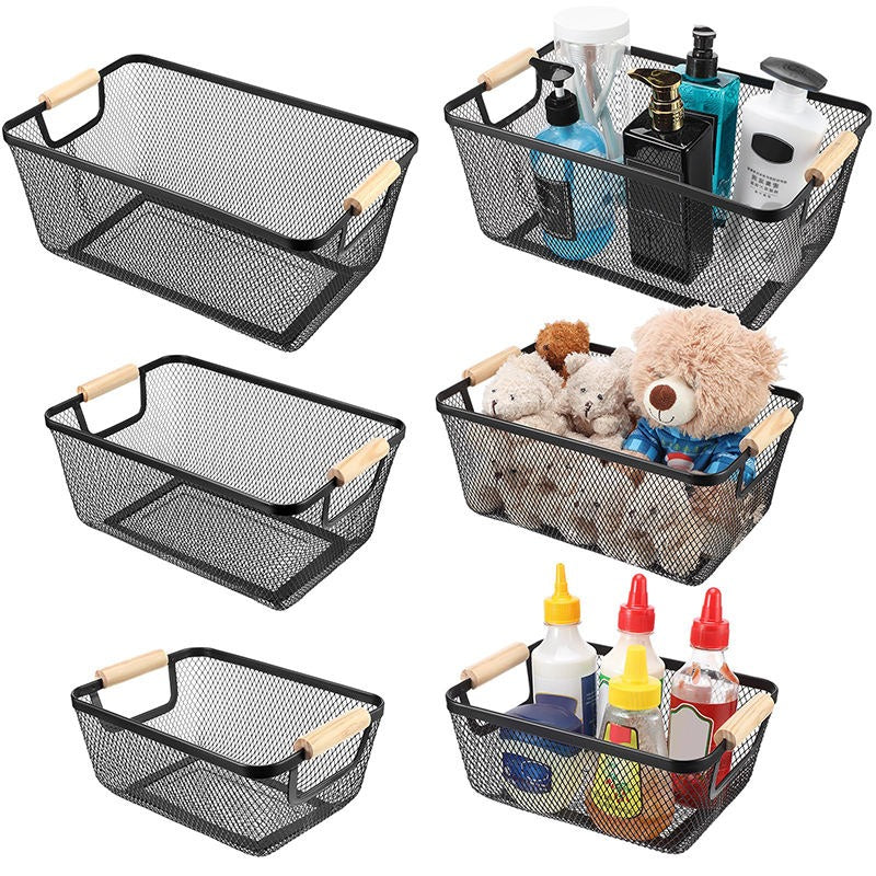 1 Pcs Steel Mesh Storage Organizer Basket, Multifunctional Metal Wire Hanging Kitchen Baskets, Fruit Basket with Wooden Handle, Ideal for Kitchen, Bathroom, Pantry, Cabinet, Home - Image 5