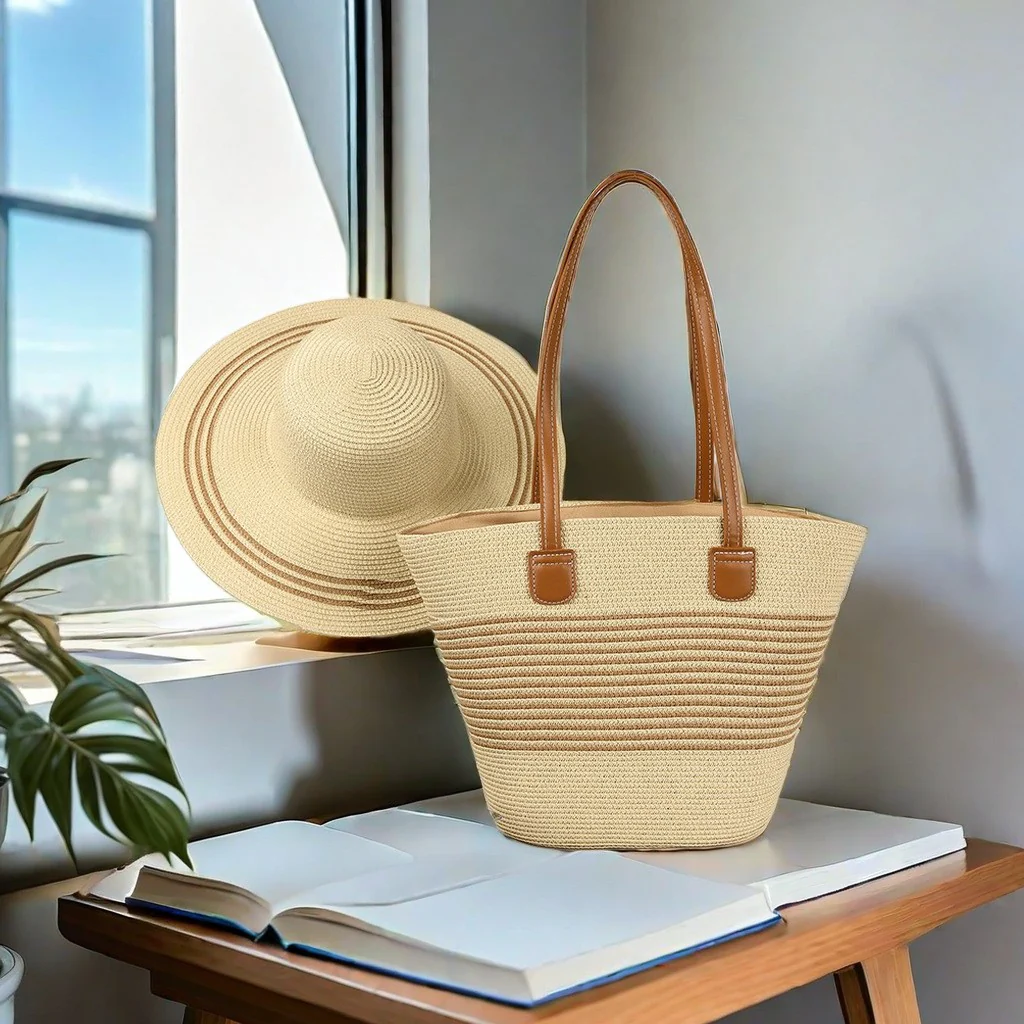 Summer Straw Woven Beach Bag and Hat - Image 4
