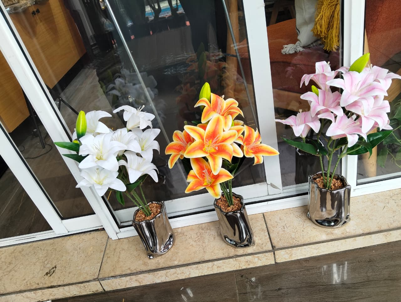 Table Top Big  Silver Potted Flowers - Image 2