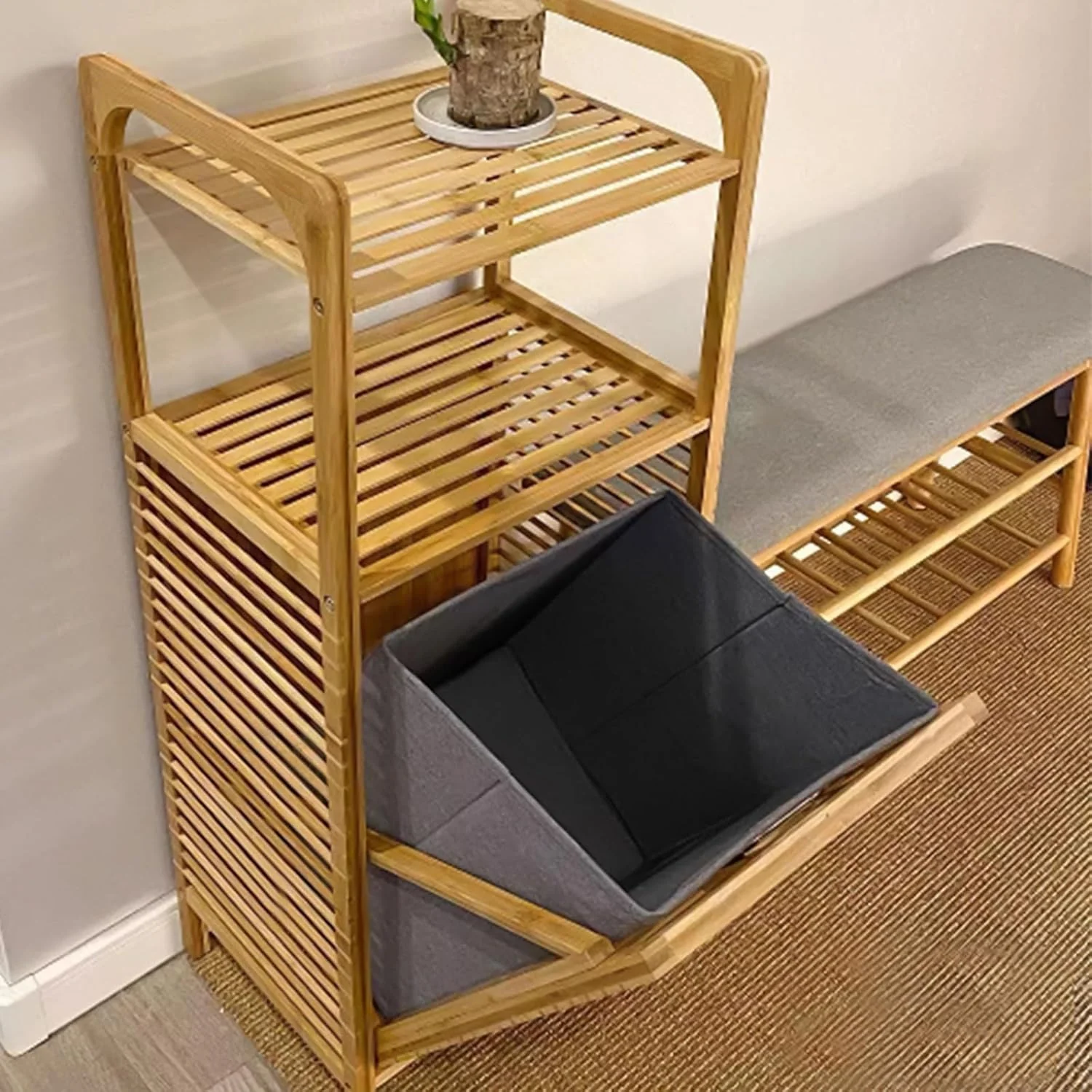 Tilt Out Laundry Hamper, Bamboo Laundry Hamper with Storage Shelves, Laundry Hamper Cabinet Tilt Out Basket with Removable Liner Bag - Image 2