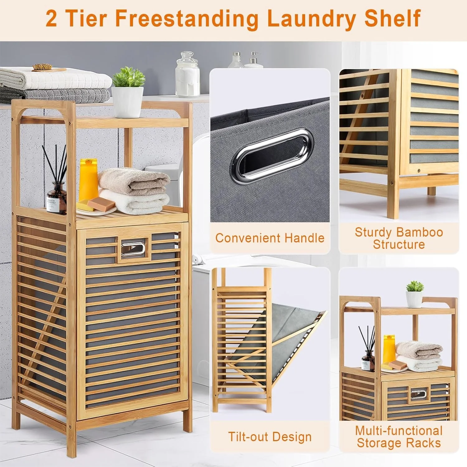 Tilt Out Laundry Hamper, Bamboo Laundry Hamper with Storage Shelves, Laundry Hamper Cabinet Tilt Out Basket with Removable Liner Bag - Image 3