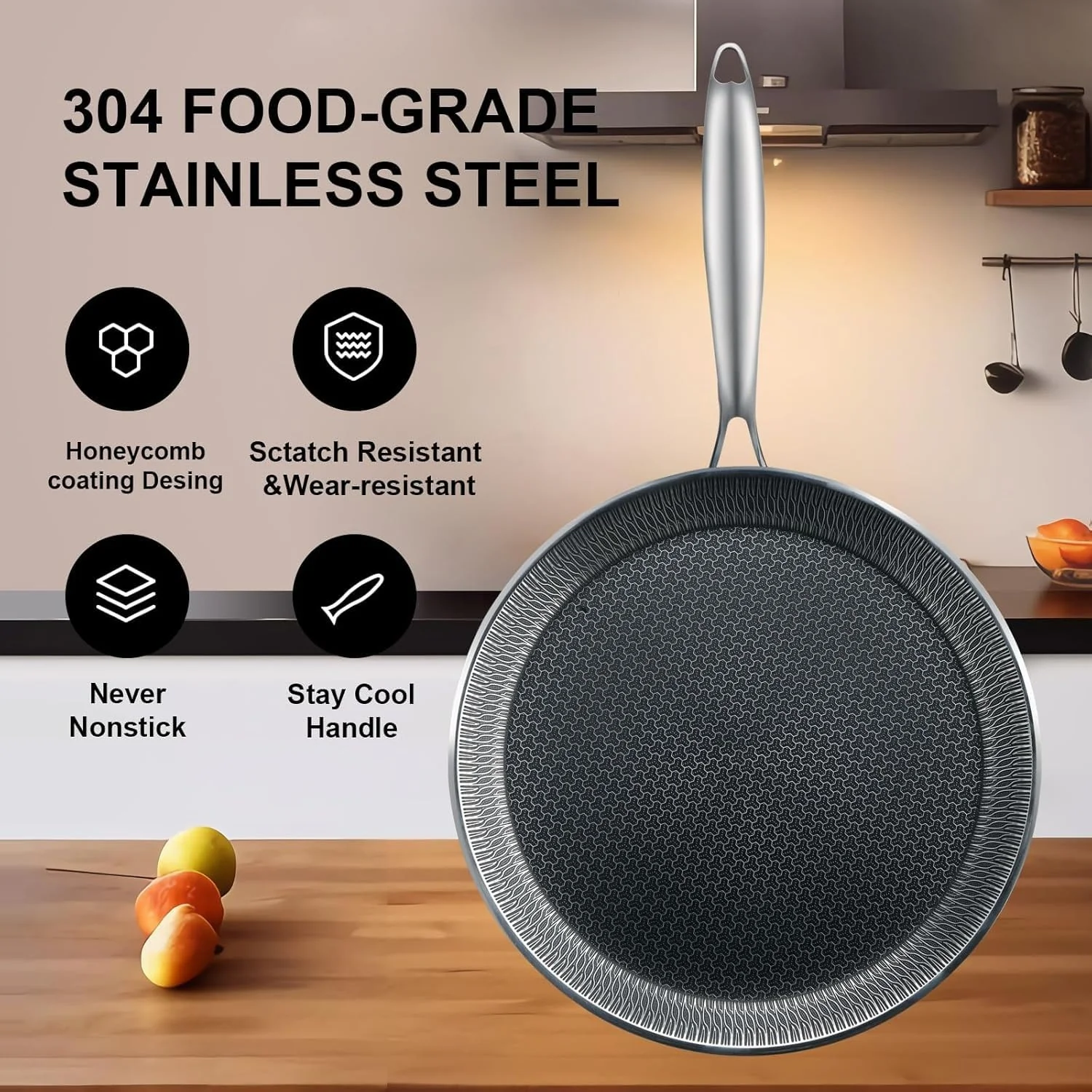 Uakeen 28cm Non-Stick Frying Pan Stainless Steel Flat Skillet with Honeycomb Coating Induction Compatible Chapati, Pizza & Omelette Pan - Image 2