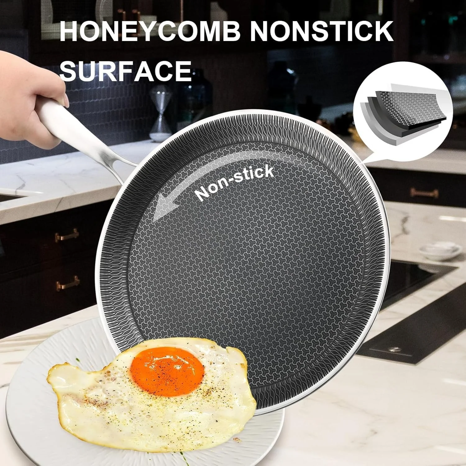 Uakeen 28cm Non-Stick Frying Pan Stainless Steel Flat Skillet with Honeycomb Coating Induction Compatible Chapati, Pizza & Omelette Pan - Image 3