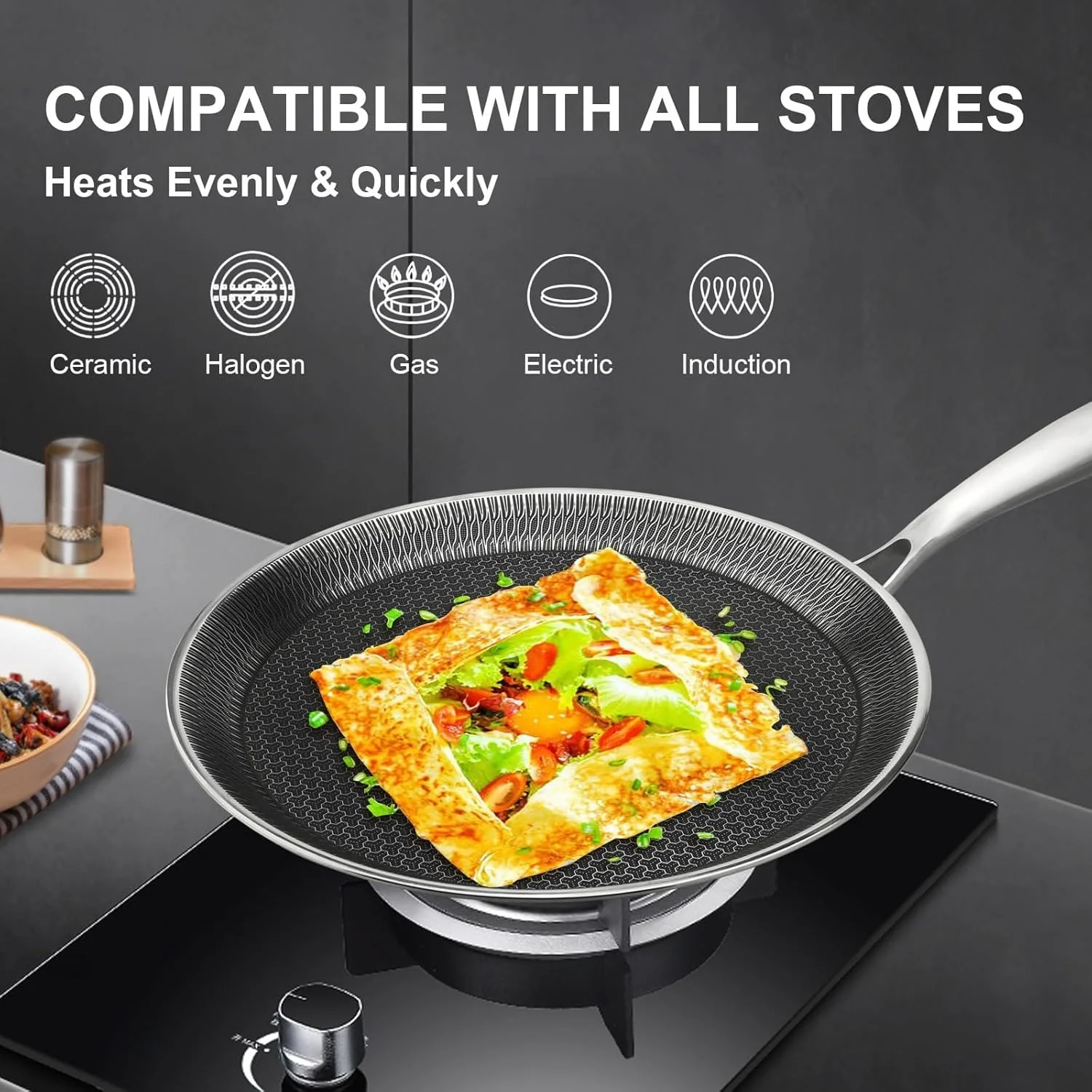 Uakeen 28cm Non-Stick Frying Pan Stainless Steel Flat Skillet with Honeycomb Coating Induction Compatible Chapati, Pizza & Omelette Pan - Image 6