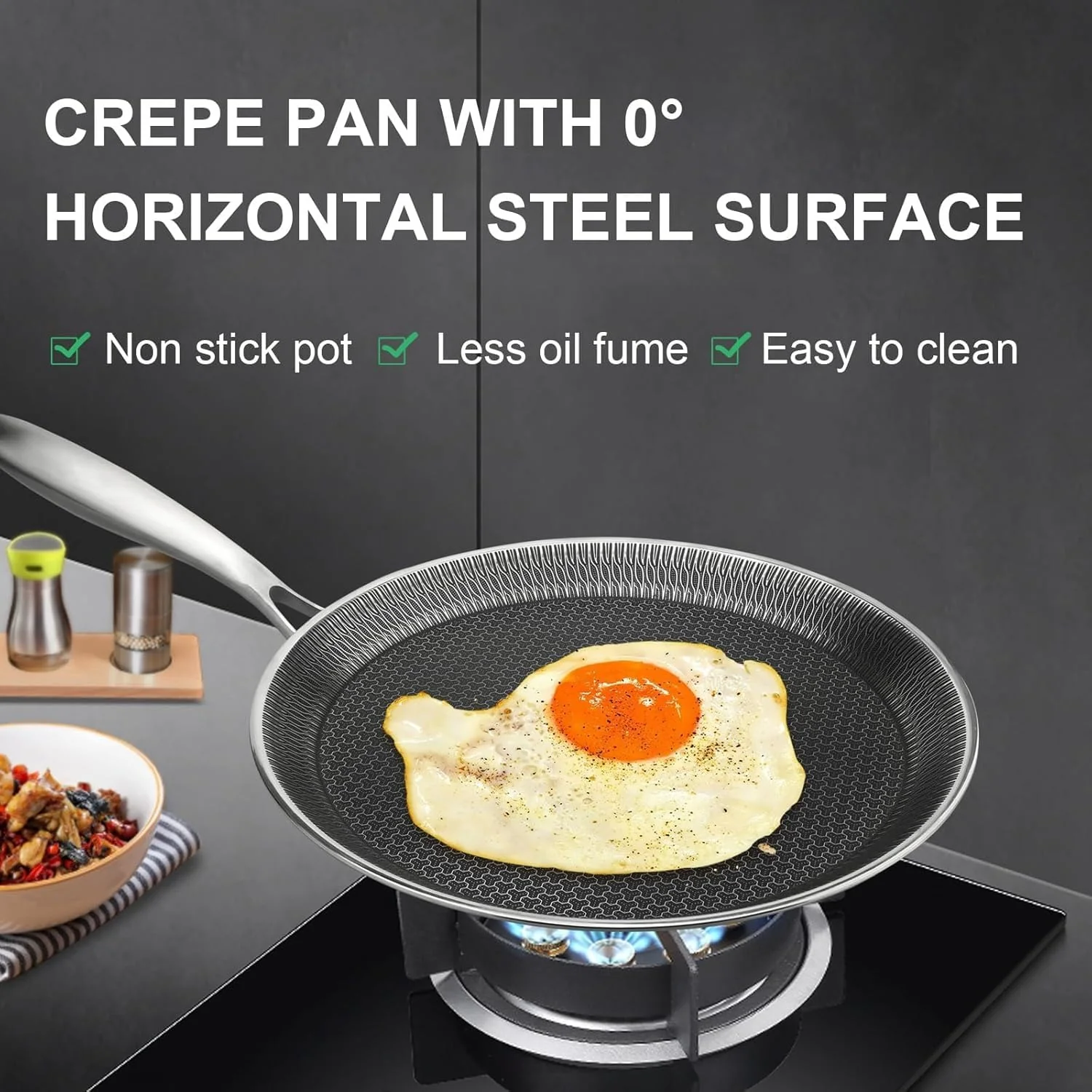Uakeen 28cm Non-Stick Frying Pan Stainless Steel Flat Skillet with Honeycomb Coating Induction Compatible Chapati, Pizza & Omelette Pan - Image 7