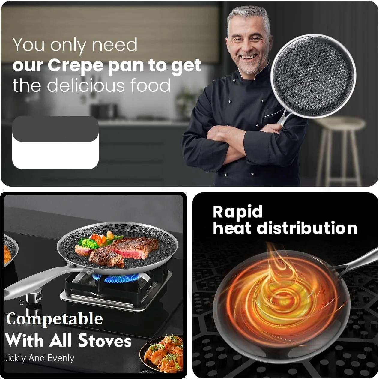 Uakeen 28cm Non-Stick Frying Pan Stainless Steel Flat Skillet with Honeycomb Coating Induction Compatible Chapati, Pizza & Omelette Pan - Image 8