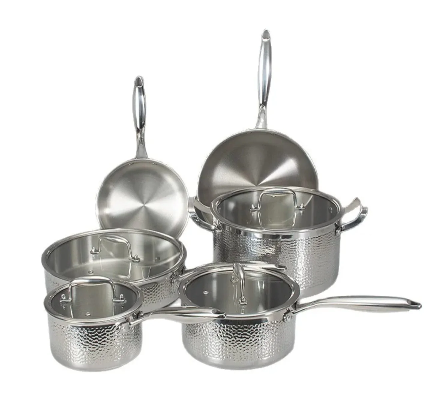 Uakeen Germany 10-Piece Triply Stainless Steel Cookware Set Kenya | Hammered & Honeycomb Pattern Cooking Pots, Frying Pans & Casserole Set with Lids, Non-Stick Mirror Polish Sufuria Set, All Cooktop Compatible - Image 2