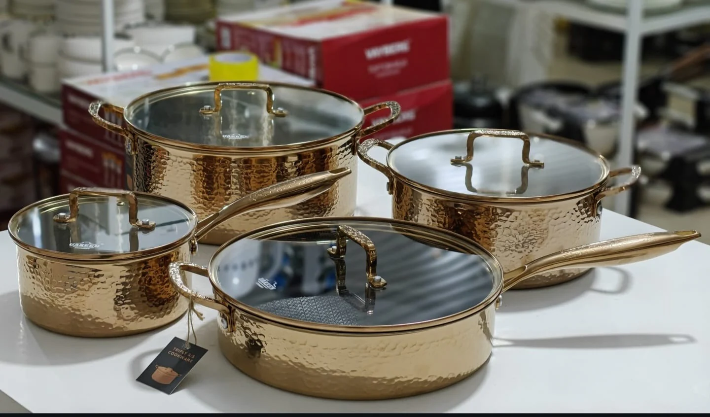 Uakeen Germany 9-Piece Gold Triply Stainless Steel Cookware Set Kenya | Hammered Pattern Cooking Pots & Deep Frying Pan with Lids, Non-Stick Mirror Polish Casserole Set, All Cooktop Compatible Sufuria Set - Image 2