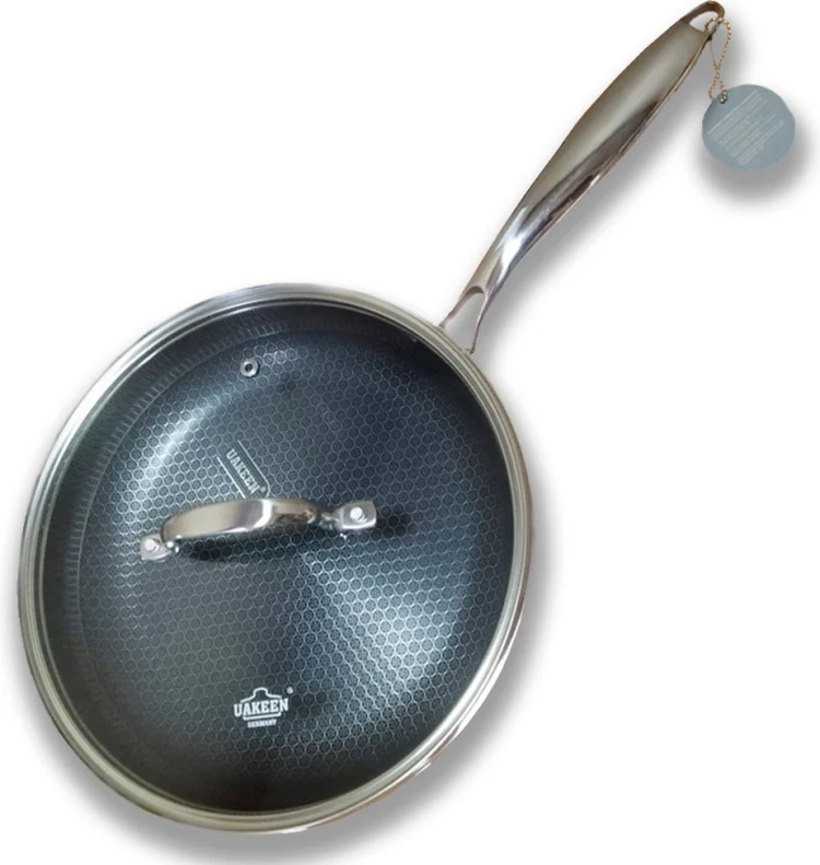 Uakeen Tripply S/S Stainless Steel Non-Stick Pan 26cm & 28cm with Lids Honeycomb Coating, Induction Compatible Skillet for Chapati, Stew & Frying - Image 2