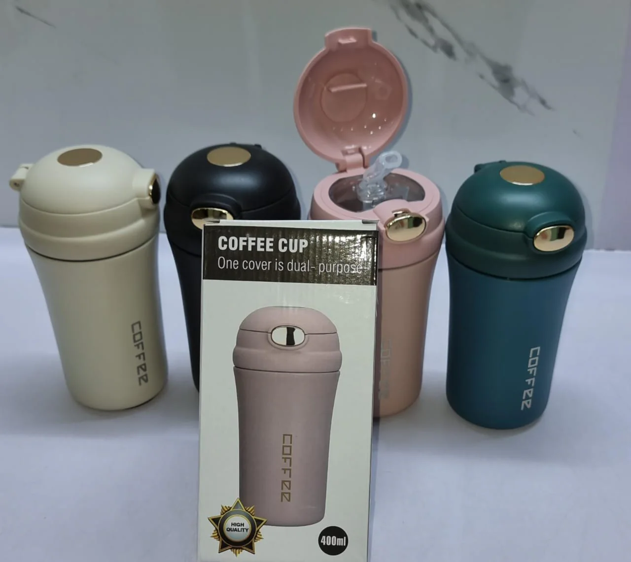 Unbreakable golden lock 400ml coffee thermocup with duo purpose cover - Image 4