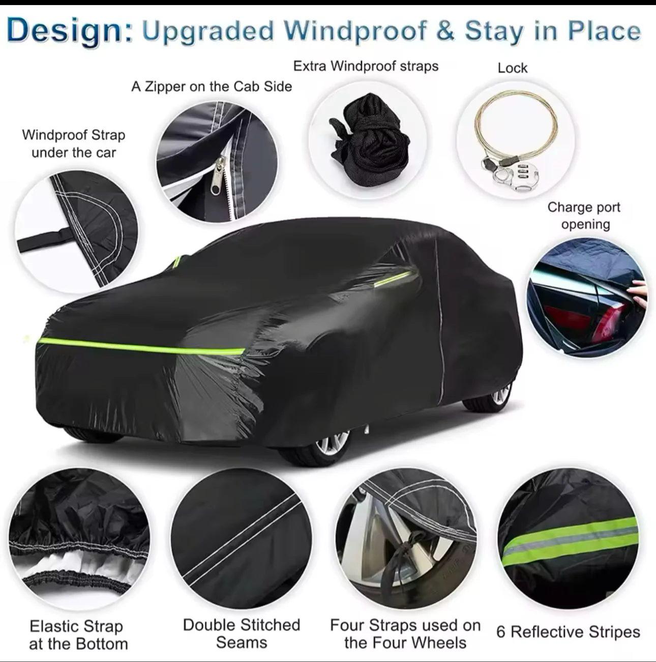 Universal Black Car Cover with fleece on the inside part &amp; Has Reflector on the sides - Image 5