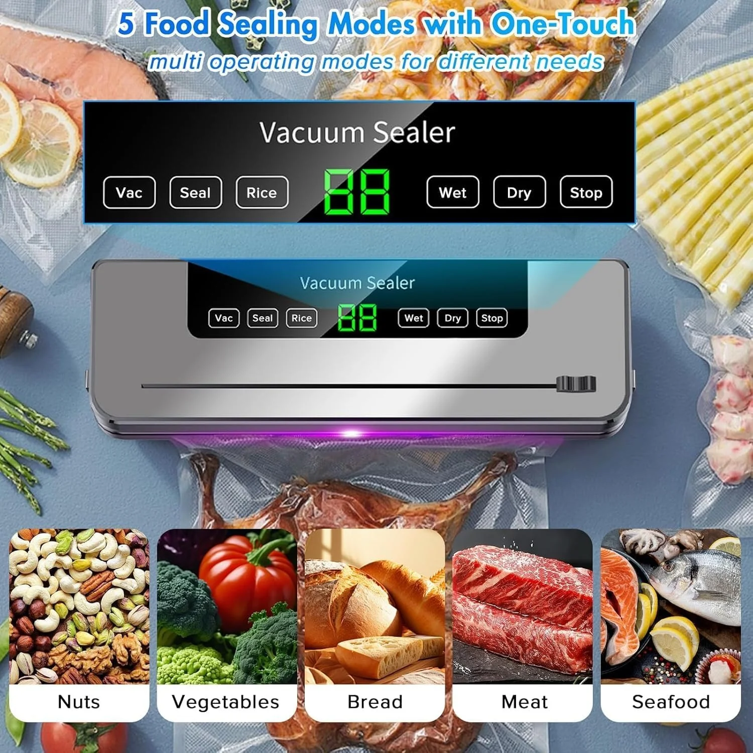 Vacuum Sealer Machine 5-in-1 Fully Automatic Food Saver with Dry/Moist Mode, LED Display & Seal Function – For Meat, Veggies, Fruits & Leftovers - Image 4