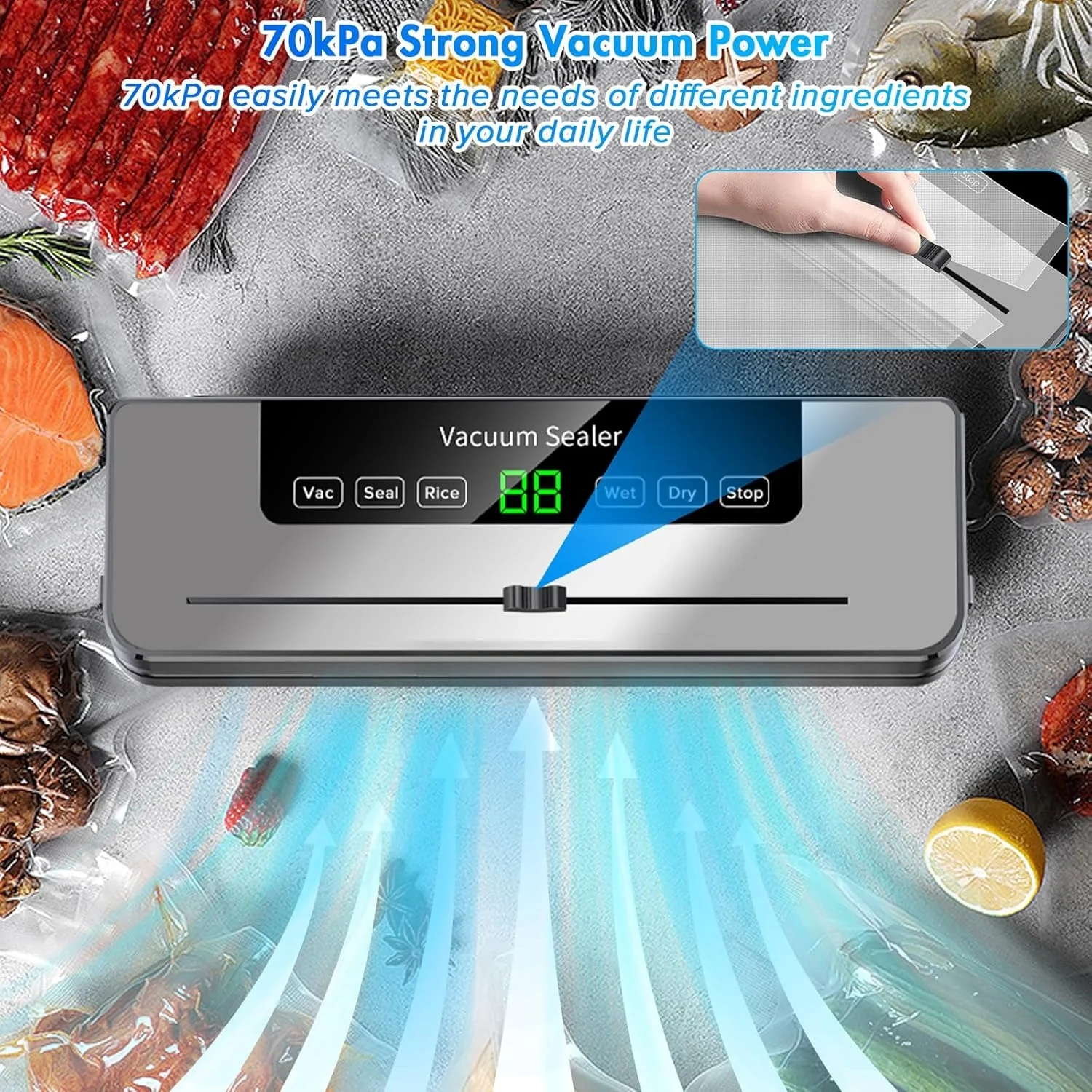 Vacuum Sealer Machine 5-in-1 Fully Automatic Food Saver with Dry/Moist Mode, LED Display & Seal Function – For Meat, Veggies, Fruits & Leftovers - Image 5