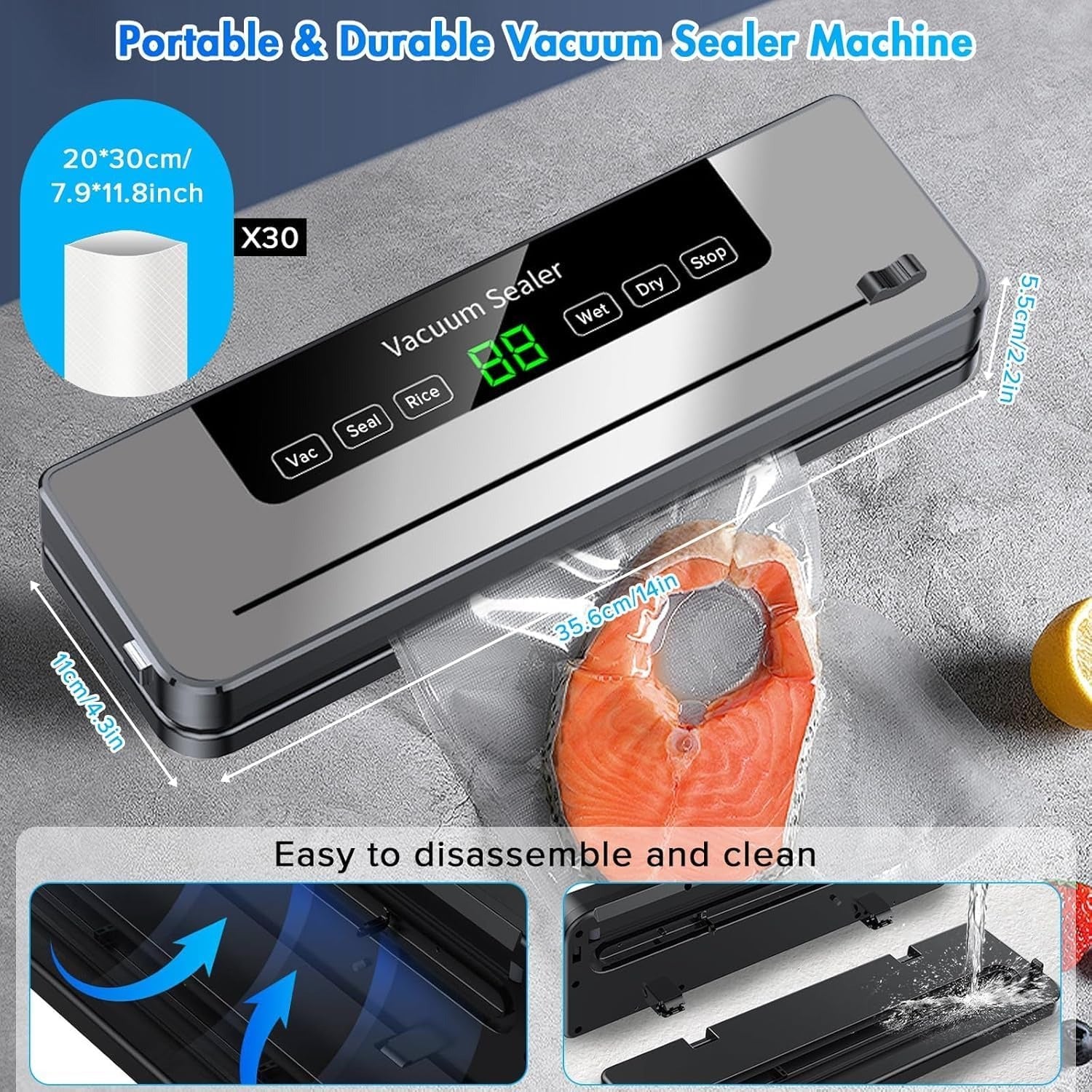 Vacuum Sealer Machine 5-in-1 Fully Automatic Food Saver with Dry/Moist Mode, LED Display & Seal Function – For Meat, Veggies, Fruits & Leftovers - Image 6