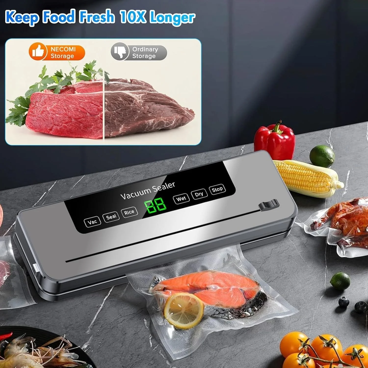 Vacuum Sealer Machine 5-in-1 Fully Automatic Food Saver with Dry/Moist Mode, LED Display & Seal Function – For Meat, Veggies, Fruits & Leftovers - Image 7