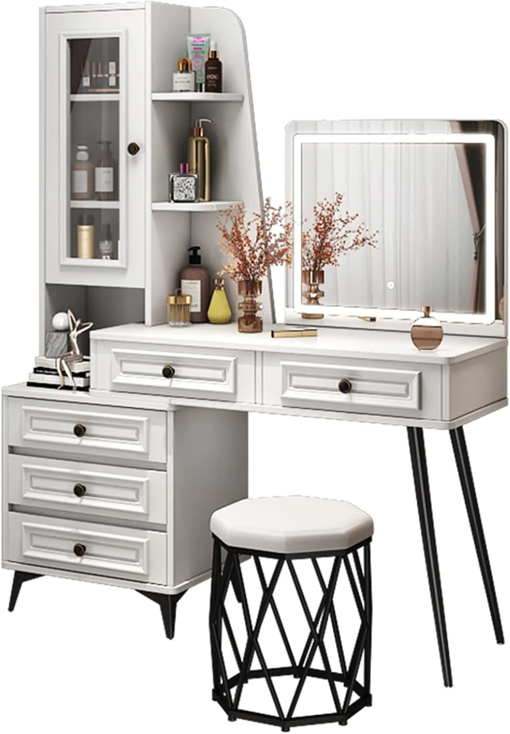 Vanity Desk White Vanity Desk Vanity Set with Makeup Stool Dressing Table with LED Light - Image 2
