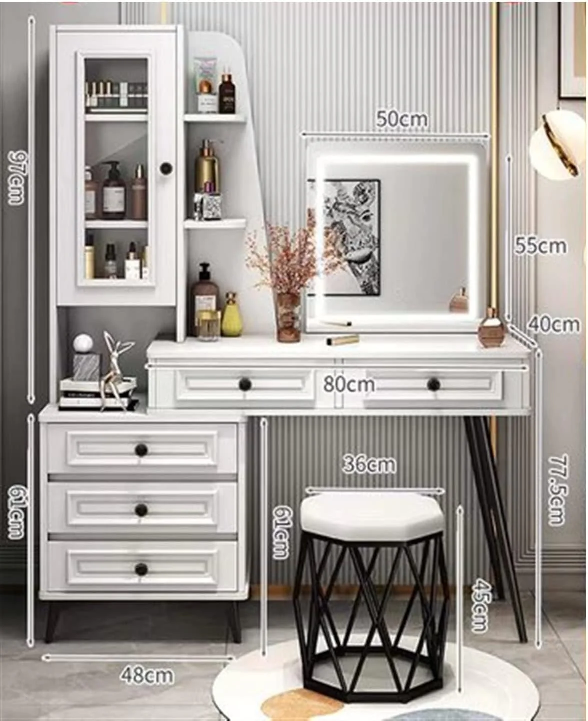 Vanity Desk White Vanity Desk Vanity Set with Makeup Stool Dressing Table with LED Light - Image 3