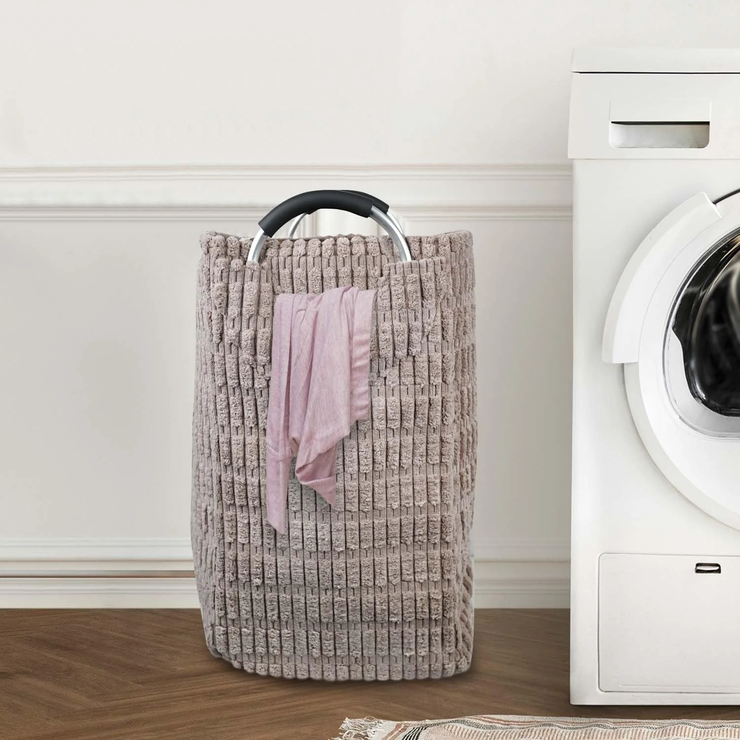 Velvet Coudry Laundry Basket –White & Grey Stylish Knee-Height Storage Hamper - Image 4