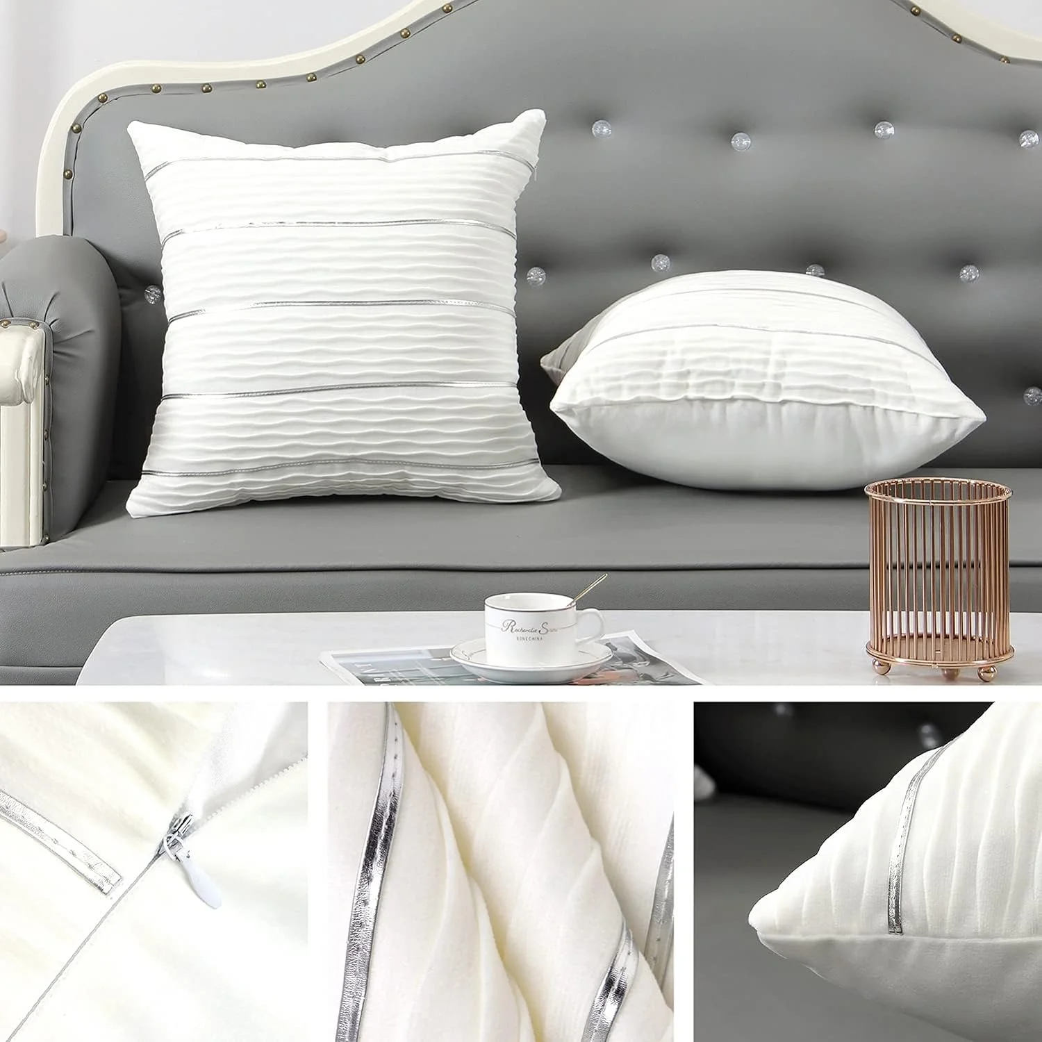 Velvet Decorative Pillow Covers Silver and Wave Striped Luxury Style Pillow Case - Image 10