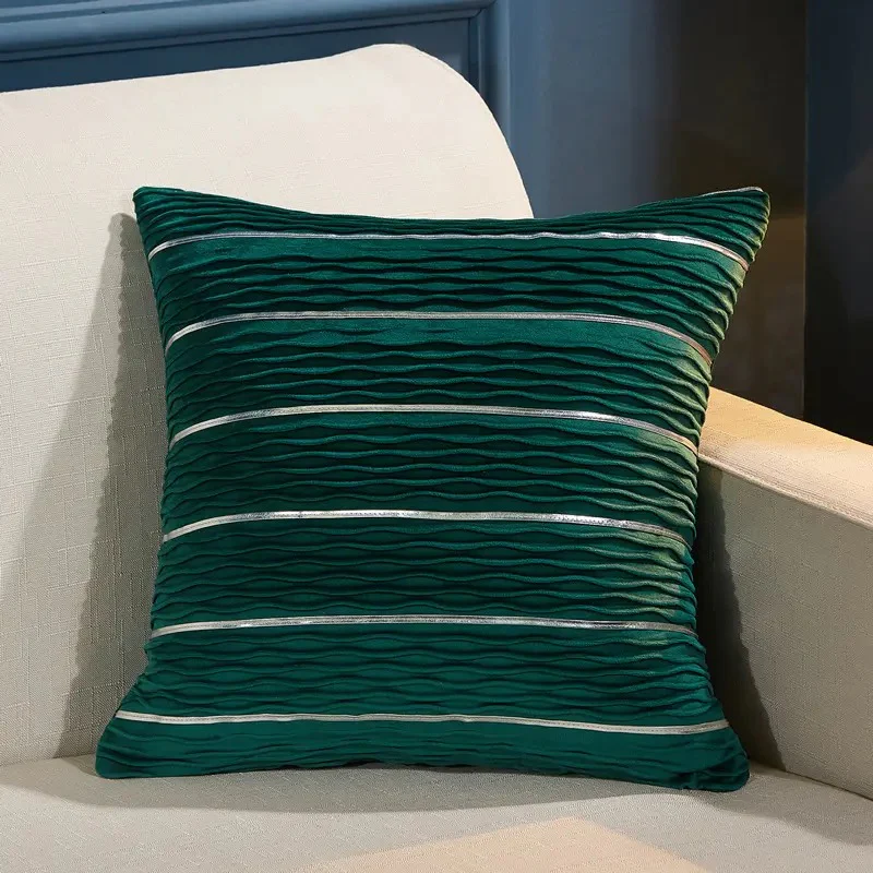 Velvet Decorative Pillow Covers Silver and Wave Striped Luxury Style Pillow Case - Image 2