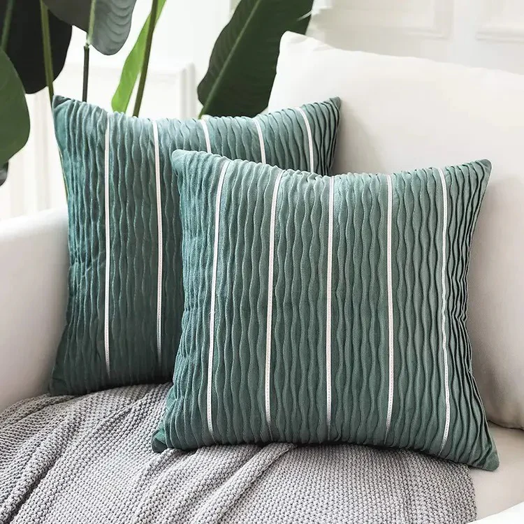 Velvet Decorative Pillow Covers Silver and Wave Striped Luxury Style Pillow Case - Image 3