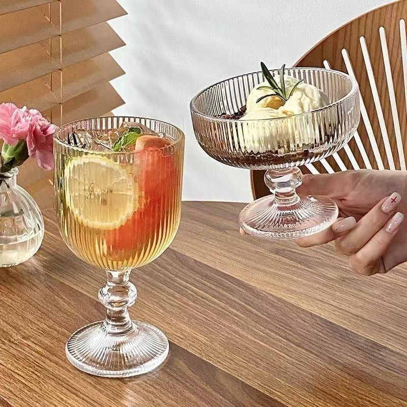 Vintage Wine Glasses Set of 4, 12 oz Glass Drinkware Sets, Ripple Drinkware Embossed Unique Vintage Glasses Drinking, Vertical Line Goblet Glasses, Water Goblets, Wedding, Party, Dinner, Bar - Image 2