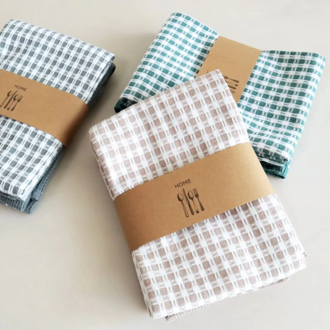 Waffle Weave Kitchen Towel Set of 3 – Checked Pattern, Soft Absorbent & Quick Dry - Image 2