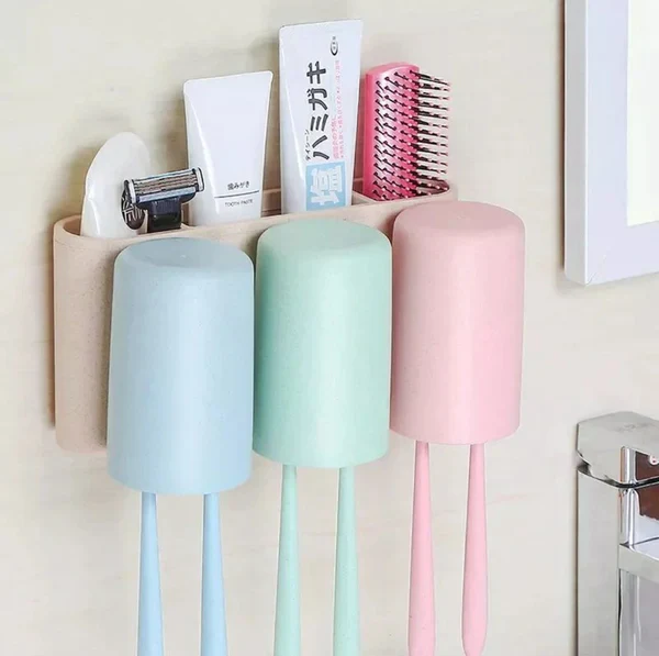 Wheat Straw Material Toothbrush Holder with 3 Cups - Image 3