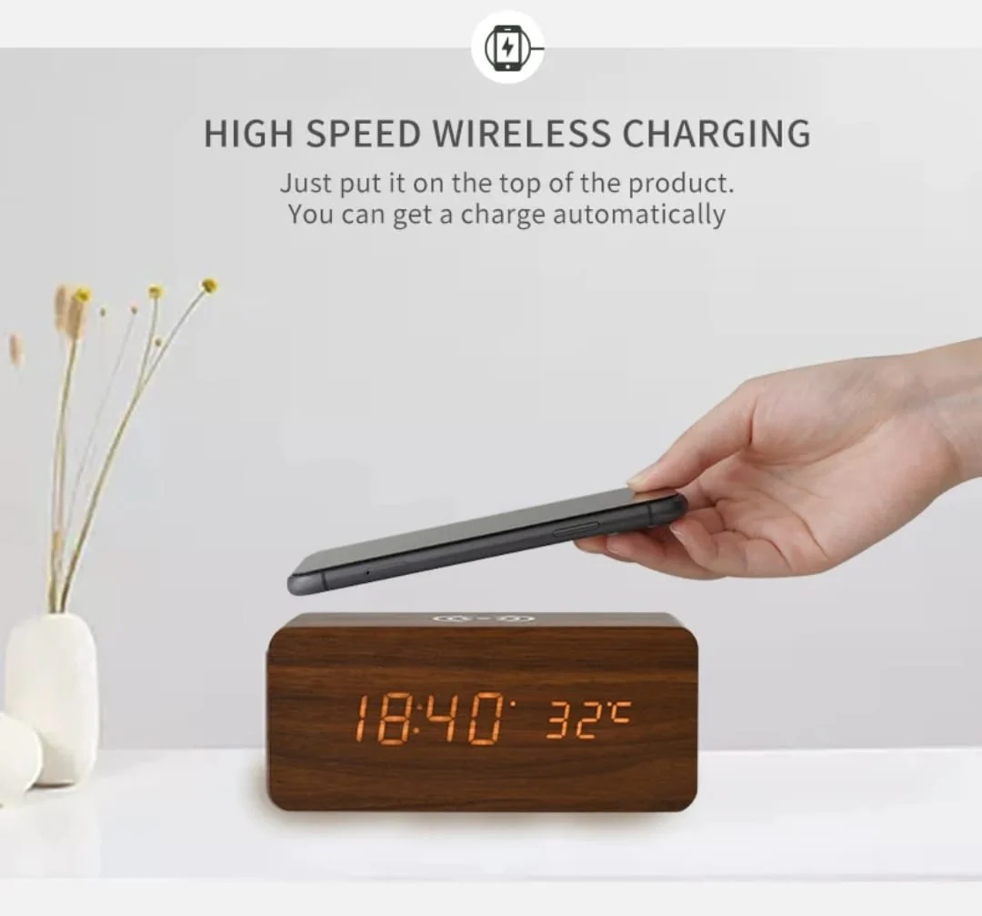 Wireless Charging Bamboo Wooden Digital Alarm Clock Bluetooth Speaker - Image 2