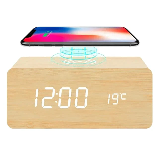 Wireless Charging Bamboo Wooden Digital Alarm Clock Bluetooth Speaker - Image 3