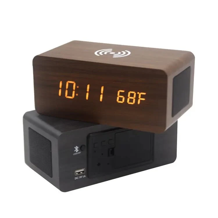Wireless Charging Bamboo Wooden Digital Alarm Clock Bluetooth Speaker - Image 4