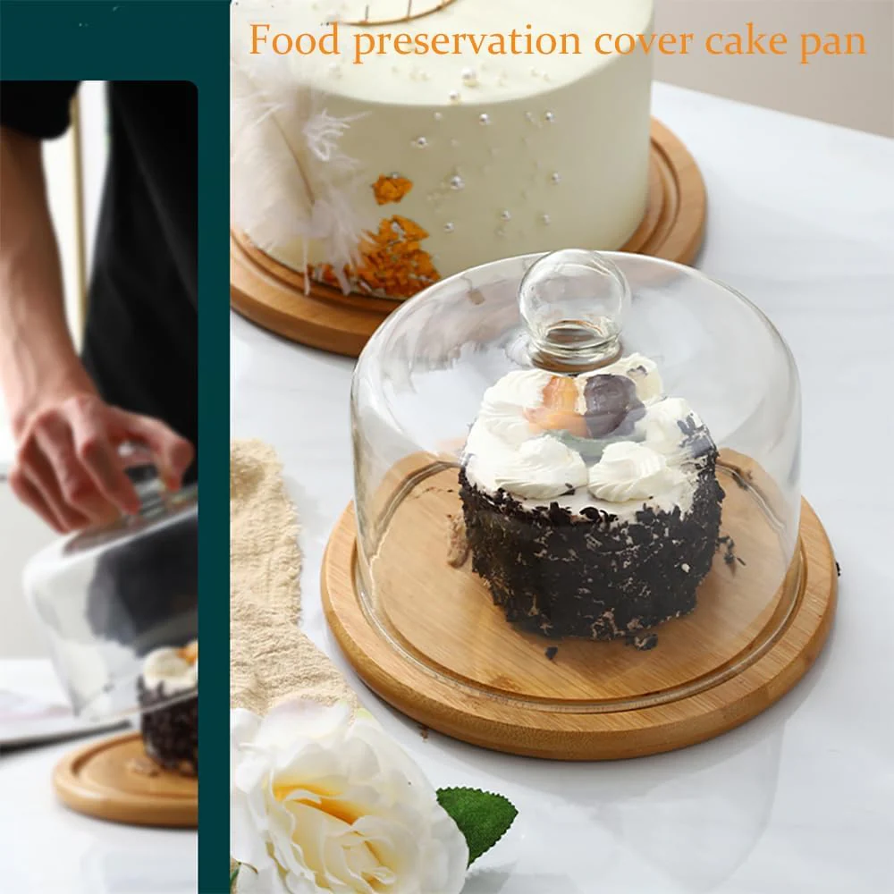 Wooden Cake Stand with Dome Lid Glass Dome with Wooden Base Wooden Dessert Tray Cake Plate Square Round Cupcake Plate with Lid Salad Bowl Snack Tray Serving Plate - Image 2